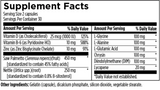 Text listing the ingredients of the supplement including Vitamin D, Vitamin B6, Zinc, Saw Palmetto, Nettle, L Glycine, L Alanine, L Glutamic Acid, Chrysin, Diindolylmethane, Dim, Lycopene.