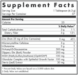 Text describing the ingredients including Zinc canosine, L-Gutamine, N-Acetyl-D-Glucosamine, Slippery Elm powder, MSM, Glandular Complex, Stevia