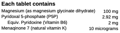Supplement facts for Magnesium Plus listing ingredients including Magnesium glycinate, Vitamin B6 (pyridoxal 5-phosphate), Vitamin B6 (pyridoxine), Vitamin K, Vitamin K2 (MK-7)