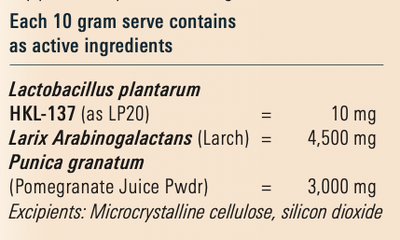 Supplement facts for ImmunoGenex - Functional Food listing ingredients including Arabinogalactan, Lactobacillus, Lactobacillus plantarum, Larch, Pomegranate Extract (Punica Granatum)
