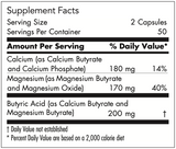 Text describing the ingredients: Calcium (as Calcium Butyrate and Calcium Phosphate), Magnesium (as Magnesium Butyrate and Magnesium Oxide), Butyric Acid (as Calcium Butyrate and Magnesium Butyrate).