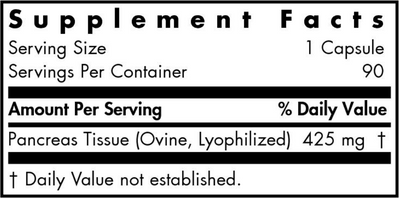 Text listing the ingredients including Pancreas Tissue (Ovine, Lyophilized)