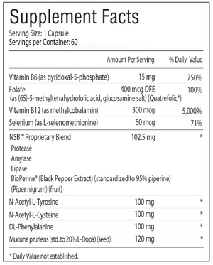Supplement facts for Procite-D™ listing ingredients including Amylase, Black Pepper, Black Pepper (Piper nigrum), DL-Phenylalanine, Folate