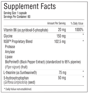 Supplement facts for Prolent™ listing ingredients including 5-HTP, Amylase, Black Pepper, Black Pepper (Piper nigrum), Glycine