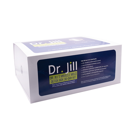 A supplement container of Dr. Jill's Miracle Mould Detox Box (Protocol) by Quicksilver