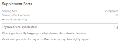 Text listing the ingredients including Thymus, Ovine, Lyophilized