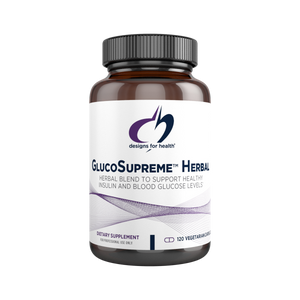 An supplement called GlucoSupreme Herbal by Designs for Health Herbal blend to support healthy insulin and blood glucose levels 120 vegetarian capsules 