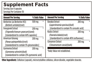 Text listing the ingredients including Berberine, Berberis aristata, Fenugreek Extract, Trigonella foenum-graecum, American Ginseng, Panax Quinquefolius, Ginsenosides, Gymnema Extract Sylvestre, Banaba, Lagerstroemia speciosa, corosolic acid, Kudze Extract, Pueraria lobata, Cinnamon Extract, Cinnamomum cassia, cellulose (capsule), microcrystalline cellulose, silicon dioxide, vegetable sterate 