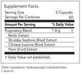 Text listing the ingredients including Reishi extract, Shrubby Sophora, Chinese Licorice, Noni fruit, Vegetarian.