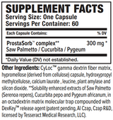 Supplement facts for ProstaSorb™ listing ingredients including Saw palmetto (Serenoa repens)