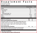 Text listing the ingredients including Vitamin C, Potassium, Sodium, Dextrin, Pomegranate, Lemon juice, Black carrot, Chokeberry, Black Current, Pumpkin, Apple, Elderberry, Hibiscus, Blueberry, Cherry, lemon, Cranberry, Carrot, Tomato, Blueberry, Broccoli, Spinach. Grape seed, Elderberry, Anthocyanosides, Resveratrol, Amla