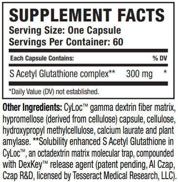 Supplement facts for SafeCell™ listing ingredients including Acetyl Glutathione, Amylase, Calcium, Cellulose (vegetarian capsule), Dextrin