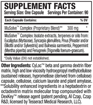 Supplement facts for MuSolve-SR™ listing ingredients including Fenugreek, Fenugreek (Trigonella foenum-graecum), Mentha Piperita, Peppermint (Mentha × piperita), Trigonella foenum-graecum