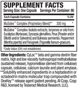 Supplement facts for MuSolve-SR™ listing ingredients including Fenugreek, Fenugreek (Trigonella foenum-graecum), Mentha Piperita, Peppermint (Mentha × piperita), Trigonella foenum-graecum