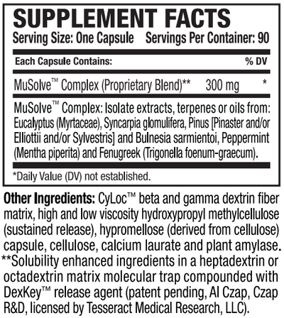 Supplement facts for MuSolve-SR™ listing ingredients including Fenugreek, Fenugreek (Trigonella foenum-graecum), Mentha Piperita, Peppermint (Mentha × piperita), Trigonella foenum-graecum