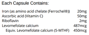 Supplement facts for Iron Plus listing ingredients including Ascorbic Acid, Calcium, Folate, Iron, L-5-MTHFR