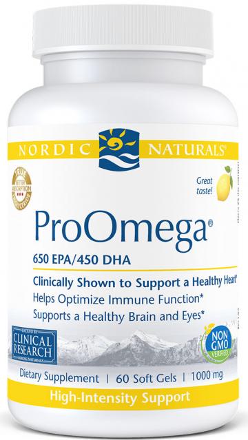 A Supplement container with the name ProOmega (60 Softgel caps) by Nordic Naturals.
