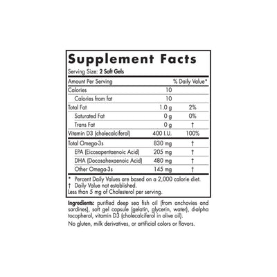 Text describing the ingredients: Vitamin D3m Total Omega-3s, EPA, DHA.