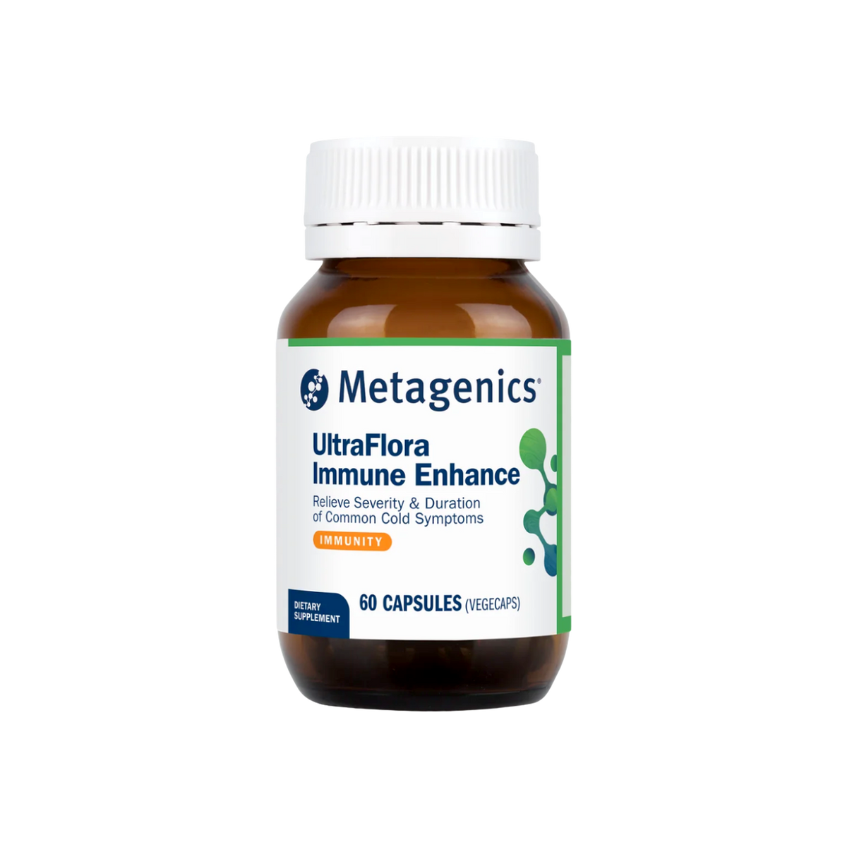 Metagenics UltraFlora Immune Enhance supplement bottle on a clear background