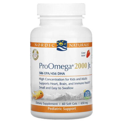 A Supplement container with the name ProOmega 2000 Jr by Nordic naturals.