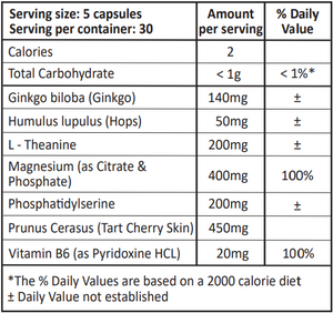 A list of ingredients including Ginko Biloba, Humulus Lupulus, L Theanine, Magnesium citrate phosphate, Phosphatidylserine, Prunus Cerasus, Tart cherry skin, Vitamin b6, Pyridoxine HCL