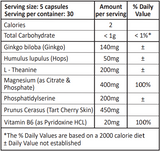 A list of ingredients including Ginko Biloba, Humulus Lupulus, L Theanine, Magnesium citrate phosphate, Phosphatidylserine, Prunus Cerasus, Tart cherry skin, Vitamin b6, Pyridoxine HCL