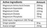 Supplement facts for Ultimate Mag listing ingredients including Acacia, Ginger, Magnesium, Magnesium Orotate, Magnesium aspartate