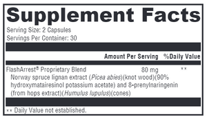 Supplement facts for FlashArrest listing ingredients including Hops, Humulus lupulus, Potassium, Potassium acetate, Spruce lignans
