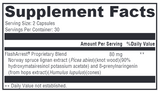 Supplement facts for FlashArrest listing ingredients including Hops, Humulus lupulus, Potassium, Potassium acetate, Spruce lignans