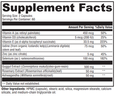 Supplement facts for MedCaps T3 listing ingredients including Alpha tocopheryl, Ashwagandha, Ashwagandha (Withania somnifera), Cholecalciferol, Guggul