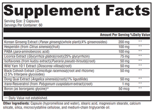 Supplement facts for MedCaps Menopause listing ingredients including Angelica sinensis, Black Cohosh extract, Boron, Cimicifuga Racemosa, Citrus sinensis