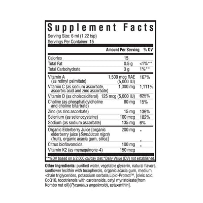 An image of the ingredients including VItamin A, Vitamin C, Retinyl palmitate, Sodium ascorbate, ascorbic acid, zinc ascorbate, Vitamin D, Cholecalciferol, Choline, Phosphatidylcholine, Choline bitartrate, Zinc, Zinc ascorbate, Selenium, Selenocysteine, Sodium ascorbate, Organic Elderberry juice, Sambucus nigra, Fruit, Organic acacia gym, Citrus bioflavonoids, Vitamin k2, Menaquinone 4.