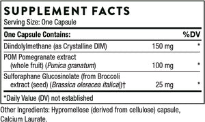 Ingredients including Diindolylmethane, Crystalline DIM, POM, Pomegranate extract, Punica granatum, Sulforaphane Glucosinolate, Broccoli Extract seed, Brassica oleracea italica.
