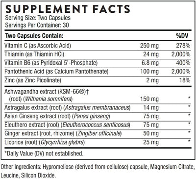 Text describing the ingredients: Vitamin C, Thiamin, Vitamin B6, Pantothenic Acid, Zinc, Ashwagandha extract, Astragalus extract, Asian Ginseng extract, Ginger extract, Licorice.