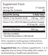 Text listing the ingredients including VItamin C, Vitamin E and Quercetin Dihydrate 600mg