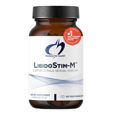 Image of a white supplement bottle that says libidostim-M supports male sexual health dietary supplemnt 60 vegetable capsules 