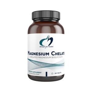 An bottle with the name Magnesium Chelate by Designs for Health 120 Tablets 