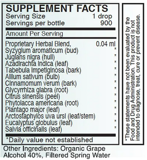 Supplement facts for A – FNG listing ingredients including Allium sativum, Arctostaphylos, Azadirachta indica, Black Walnut, Cinnamomum cassia