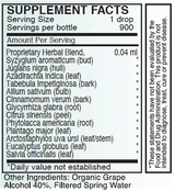 Supplement facts for A – FNG listing ingredients including Allium sativum, Arctostaphylos, Azadirachta indica, Black Walnut, Cinnamomum cassia