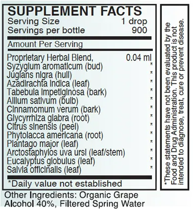 Supplement facts for A – FNG listing ingredients including Allium sativum, Arctostaphylos, Azadirachta indica, Black Walnut, Cinnamomum cassia