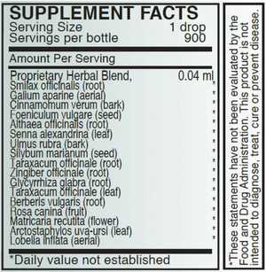 Supplement facts for Detox 1 listing ingredients including Althaea officinalis, Arctostaphylos, Berberis vulgaris, Cinnamomum verum, Dandelion (Taraxacum officinale)