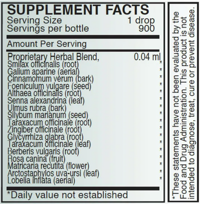 Supplement facts for Detox 1 listing ingredients including Althaea officinalis, Arctostaphylos, Berberis vulgaris, Cinnamomum verum, Dandelion (Taraxacum officinale)