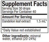 Supplement facts for Dandelion listing ingredients including Dandelion extract, Taraxacum officinale
