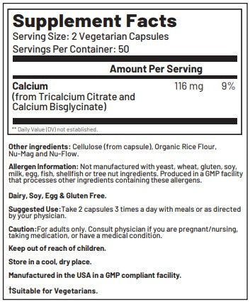 Supplement facts for Calcium2 listing ingredients including Calcium, Calcium citrate