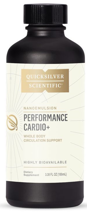 A supplement bottle with the name Perfomance Cardio+ by QuickSilver