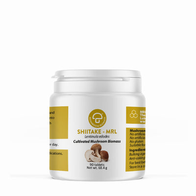 A supplement container of Shiitake-MRL ™ 90T by Mycology Research Laboratories