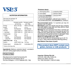 Supplement facts for VSL#3 listing ingredients including Bifidobacterium, Bifidobacterium breve, Bifidobacterium infantis, Bifidobacterium longum, Lactobacillus