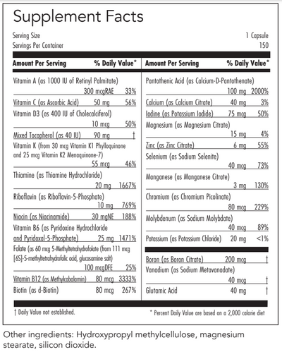 Text listing the ingredients including Vitamin A, Vitamin C, Mixed Tocopherol, Thiamine, Riboflavin, Niacin, VItamin B6, P5p, Folate, Methyltetrahydrofolate, vitamin b12, Biotin, Pantothenic Acid, Calcium, Magnesium,  Zinc, Maganese, Chromium, Potassium, Boron, Vanadium, Glutamic Acid. Vegatarian