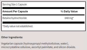 Supplement facts for Betaine HCl listing ingredients including Betaine HCI