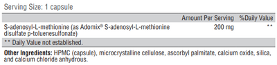 Supplement facts for SAM-e listing ingredients including Methionine, Methionine (L-Methionine), S-adenosyl-L-methionine (SAMe)